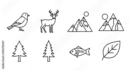 Illustration of a bird deer mountains trees fish and leaf in a simple black and white outline style art