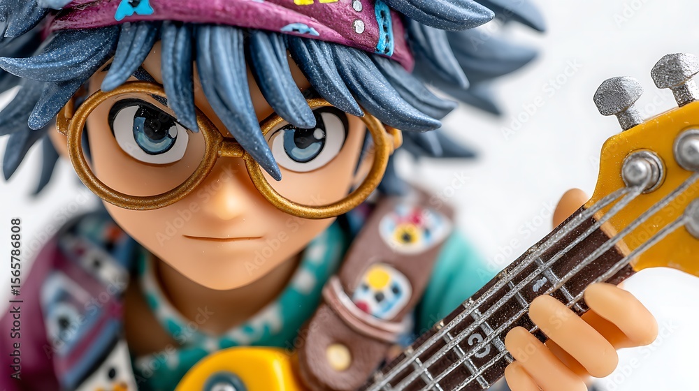 Fototapeta premium Cool Anime Rockstar Figure with Googly Eyes Playing Guitar in Detailed Pose