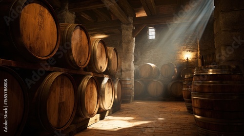 Sunlight illuminates wooden wine barrels