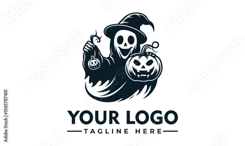 A stylized ghost logo design, holding a carved pumpkin, for a Halloween-themed brand.