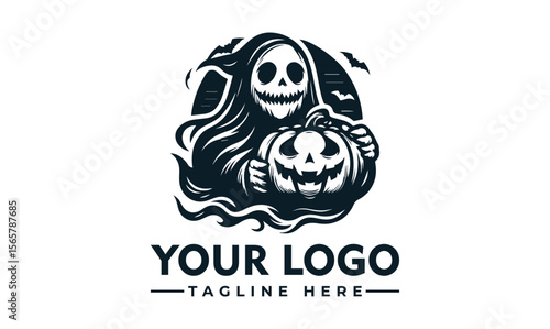 A stylized grim reaper figure gently cradles a grinning jack-o'-lantern against a moonlit backdrop.