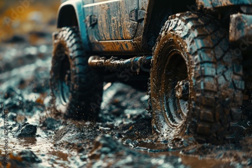Detailed Color Image of CloseUp of OffRoad Vehicle Driving Through Muddy Trail