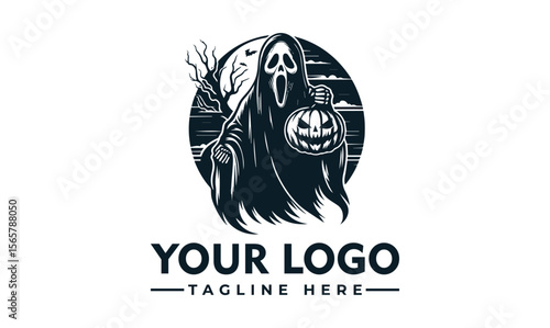 A spooky ghost figure in a cloak holding a carved pumpkin against a moonlit background.