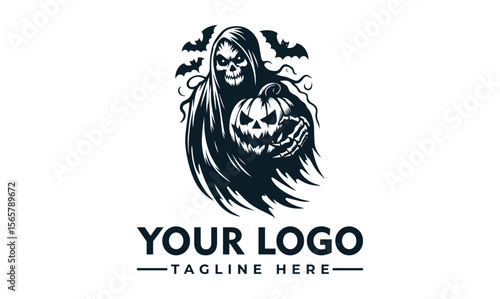 A spooky illustration featuring a grim reaper holding a carved pumpkin, with bats flying in the background.