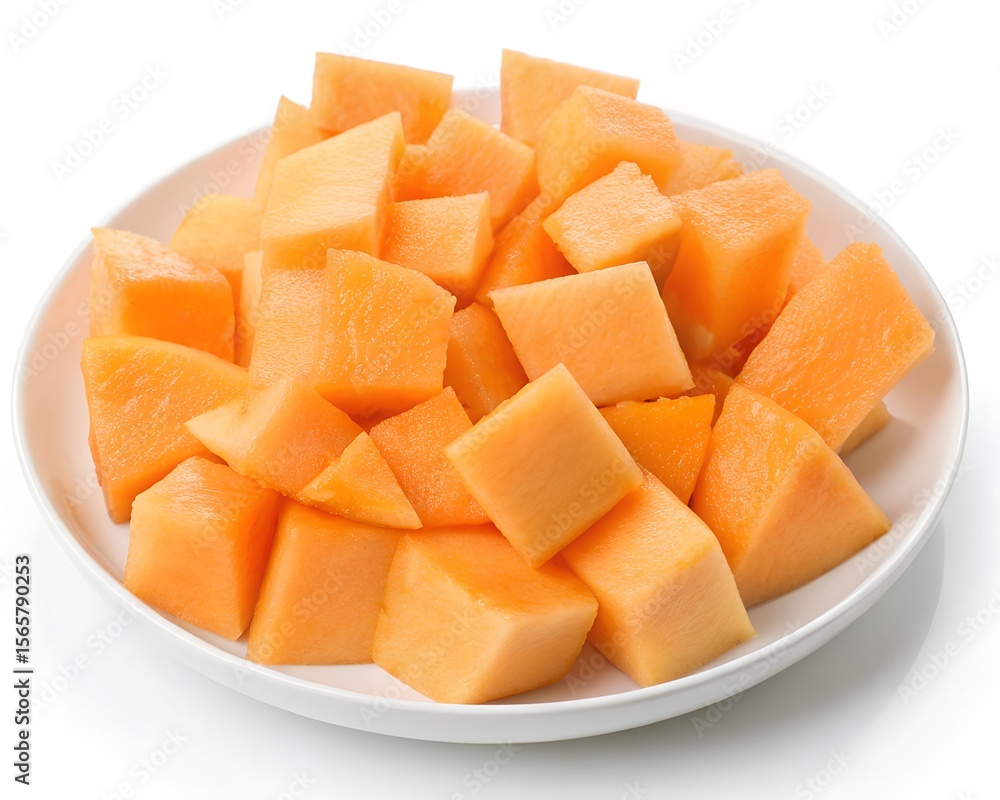 Plate Full of Fresh Cantaloupe Wedges on White Background Plate Full of Fresh Cantaloupe Wedges on White Background