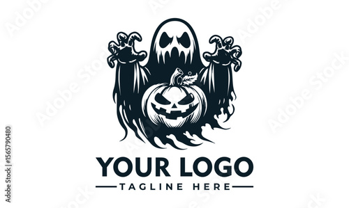 Spooky ghost figure menacingly embracing a carved pumpkin, ready for Halloween.