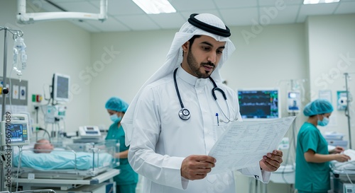 Focused Arab doctor reviews patient charts in a modern hospital, showcasing healthcare professionalism and cultural diversity.