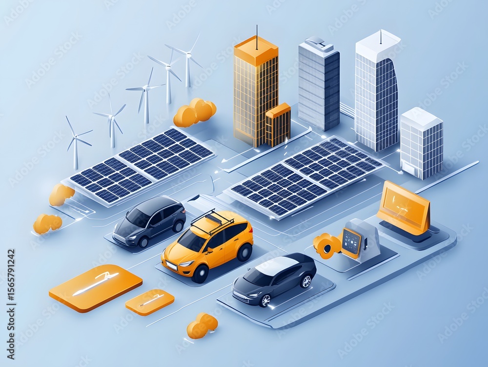 Obraz premium An isometric view of a futuristic city, the image presents a vision of sustainable urban design, showcasing solar panels, wind turbines, electric vehicles.