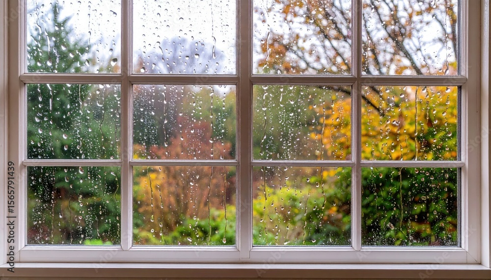 Naklejka premium Rain Streaked Window View Of Autumnal Landscape With Forest In Soft Focus And Colorful Foliage