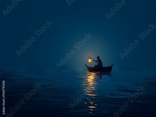 A lone figure navigates the calm, dark waters in a small boat, holding aloft a lantern that casts a warm, inviting glow, creating a captivating scene of solitary exploration.