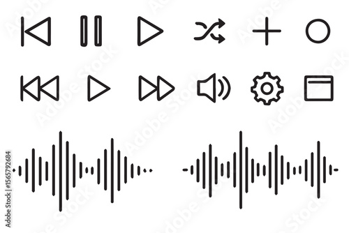 Set of media control icons including playback, volume, shuffle, soundwave, settings, and audio adjustments for user interfaces