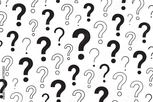 Abstract design of scattered question marks in various sizes, representing uncertainty, curiosity, and inquiry in a modern visual style