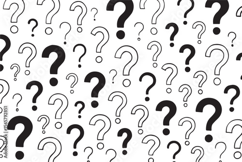 Field of question marks arranged in a pattern, symbolizing confusion, curiosity, and the search for answers in a minimalist black and white design