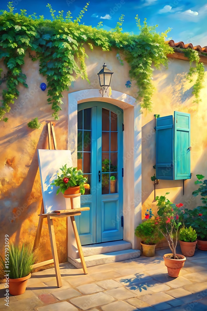 Fototapeta premium Charming Italian Villa Entrance with Easel Flowers and Lush Greenery in Warm Sunlight Evoking Artistic Inspiration