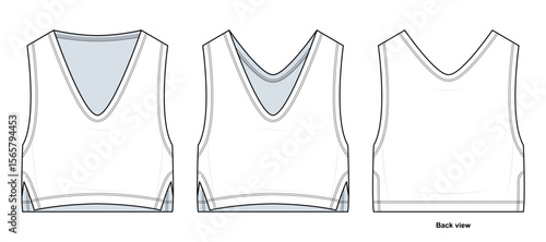 Fitted V-Neck Cropped Tank Vest Technical Fashion Illustration. Sleeveless Layered Look with Built-In Panel Vector Template. Front, Side, and Back View. Women’s Activewear. CAD Mockup.