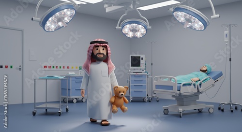 A comforting visit in a sterile hospital room, a man in traditional attire holds a teddy bear while a patient rests.