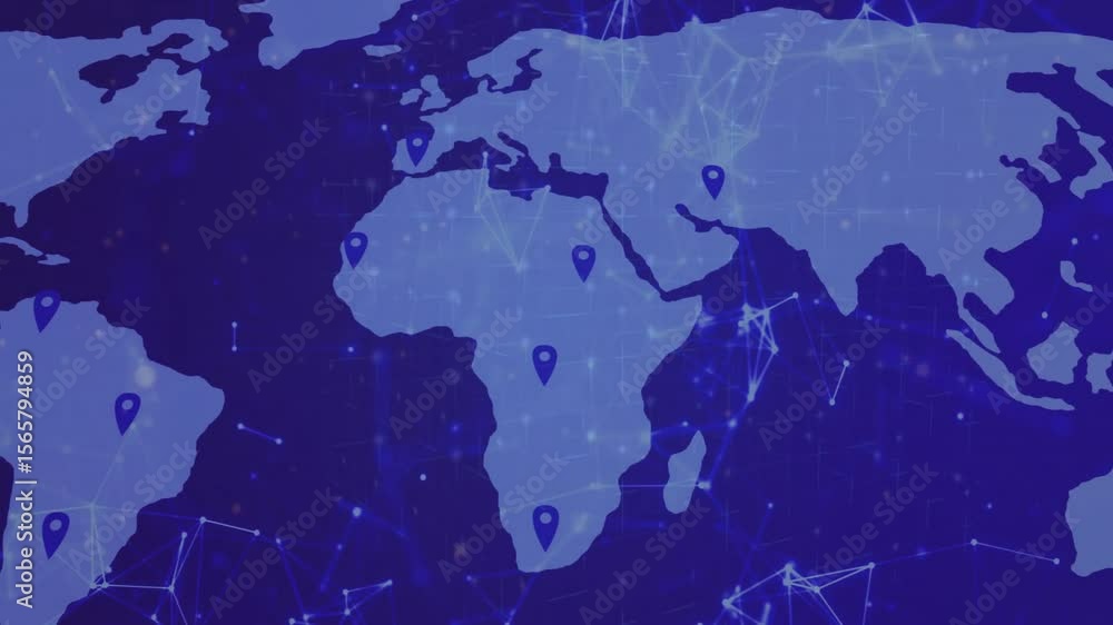 Soft blur sharpening into map shape, map emitting pins and linking regions, visualizing network Soft blur sharpening into map shape, map emitting pins and linking regions, visualizing network