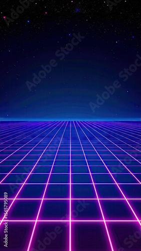 Retro Arcade Style Digital Grid with Neon Perspective Lines and Purple and Blue Color Scheme against a Starry Night Sky