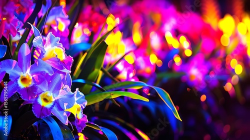 Vibrant orchids with neon-infused glow creating a surreal botanical dreamscape
