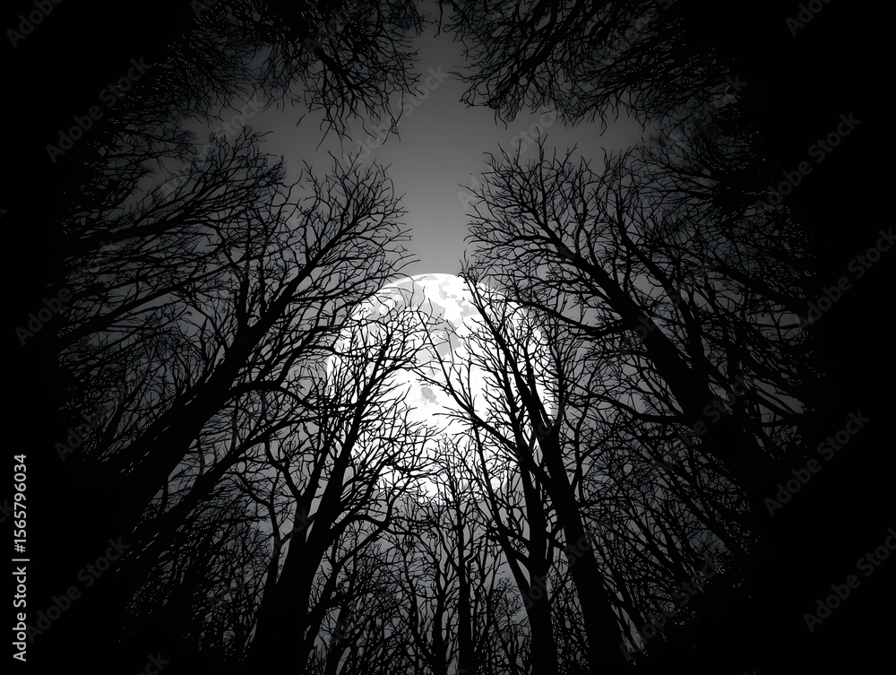 Fototapeta premium Beneath the moonlit embrace of the night, the skeletal branches of the trees reach towards the sky, creating a captivating silhouette in the forest. The full moon casts a gentle glow.