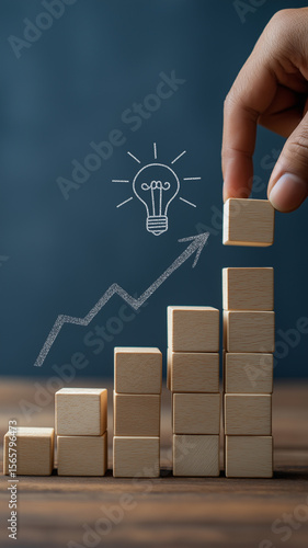 Hand places wooden block, symbolize strategic step construction success.