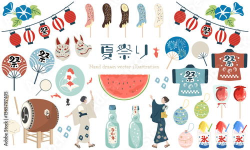 かわいい夏祭りのイラスト素材セット