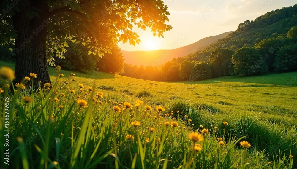 Golden hour sunlight bathes a lush green landscape as the temperature rises, signifying the peak of summer Perfect for travel, vacation, and seasonal themes , rise, july, scenic Golden hour sunlight bathes a lush green landscape as the temperature rises, signifying the peak of summer Perfect for travel, vacation, and seasonal themes , rise, july, scenic