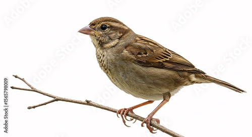 Sparrow small brown bird sitting isolated on white background showing feathers and beak