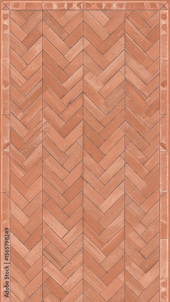 Fototapeta premium Rustic Terracotta Floor Tile With Herringbone Pattern Border Creating Detailed Textural Design