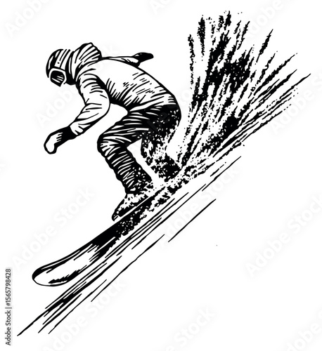 Hand drawn illustration of snowboarder in action.