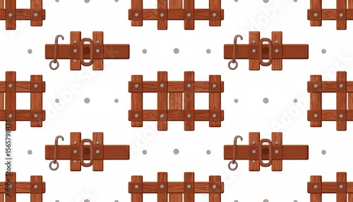 Rustic Wooden Plank Pattern With Metal Hinges And Repeating Design On White Background