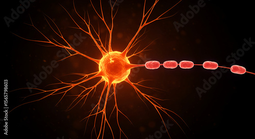 Detailed 3D render of a neuron with dendrites and myelin sheath on a dark background
