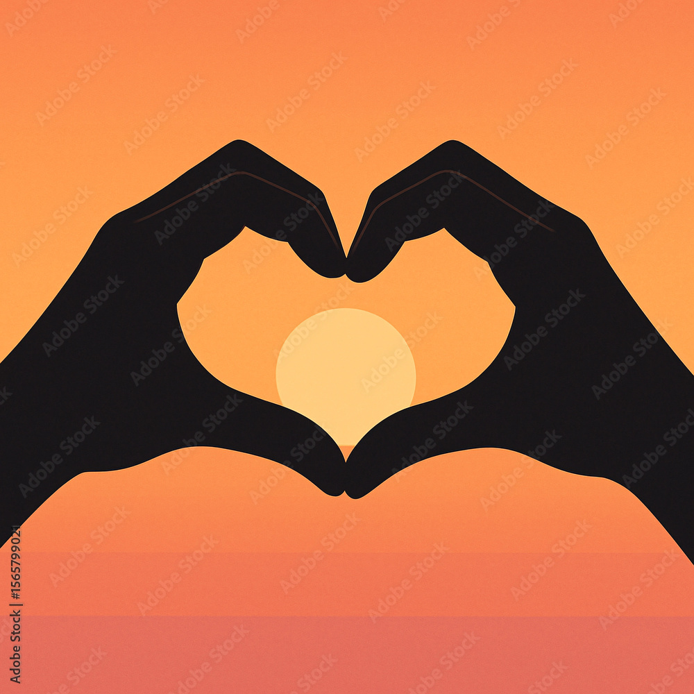 Fototapeta premium Silhouette of hands forming heart shape with sun in background during sunset or sunrise time