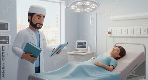 Compassionate doctor reviews patient charts bedside, offering comfort and care in a modern hospital room.