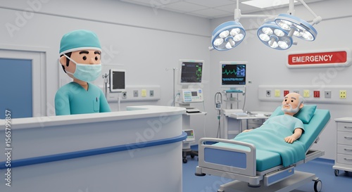 Cartoon doctor attends to a senior patient in a bright, modern emergency room, conveying care and medical professionalism.