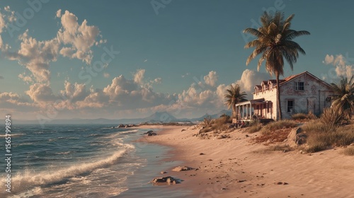 Fototapeta Naklejka Na Ścianę i Meble -  Rustic Beach House with Palm Trees Under Cloudy Sky near Sea Tropical Landscape