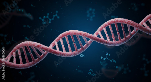 Detailed DNA Strand with Molecular Structures on a Dark Background Illustraton