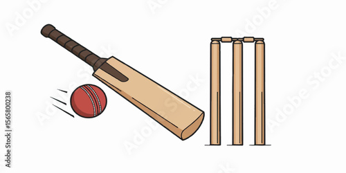 High-quality vector illustration of cricket equipment including bat, ball, and stumps, arranged dynamically with clean lines and flat bold colors
