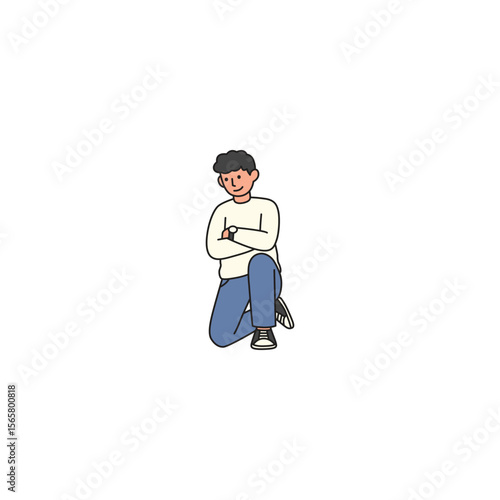 An icon of a man kneeling with his arms crossed, showing a contemplative, reserved, or slightly defensive stance.