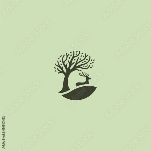 Deer and tree logo in creative and elegant silhouette style.