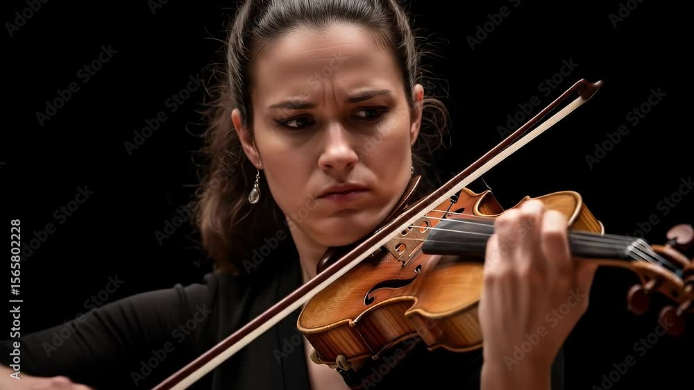 Playing Violin Performance by Young Woman Intense Expression Playing Violin Performance by Young Woman Intense Expression
