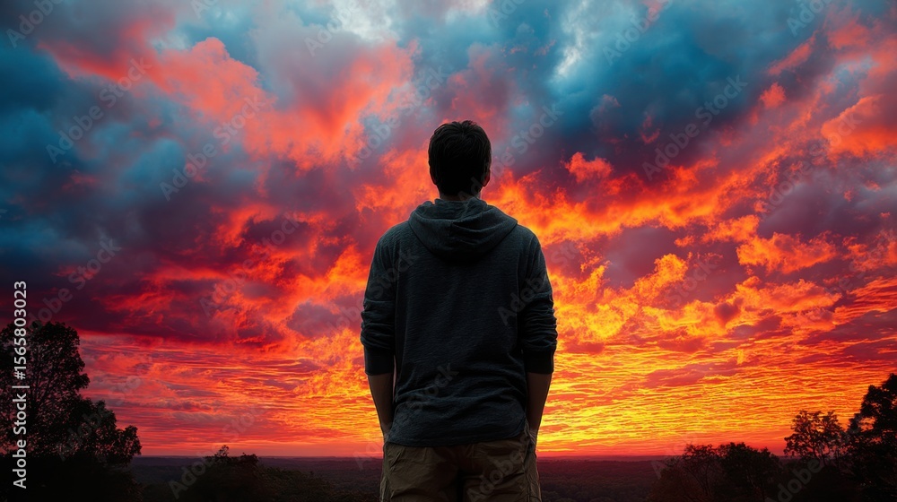 Fototapeta premium A man stands outdoors watching a vibrant sunset with colorful clouds filling the sky