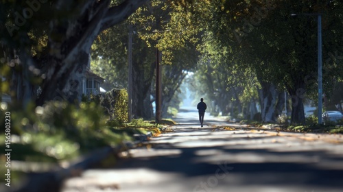 Wallpaper Mural Cinematic, high-res, realistic shot of a person enjoying a brisk morning walk on a tree-lined street near home. Blurred neighborhood background, bright daylight. Sharp. Torontodigital.ca