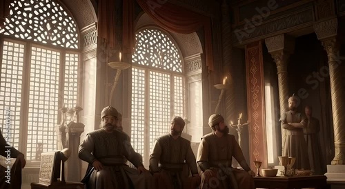 Royal council in a grand hall