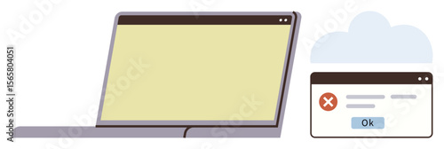 Laptop next to error message window and cloud symbolizing technical error or connectivity struggles. Ideal for IT frustration, data loss, troubleshooting, system crash, network failure, error alert