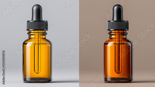 Wallpaper Mural Amber glass dropper bottles shown side by side with black caps and droppers, isolated neutral backgrounds, clean Torontodigital.ca