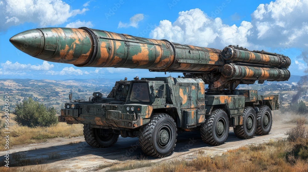 Military missile launcher on a large truck, camouflage pattern Military missile launcher on a large truck, camouflage pattern
