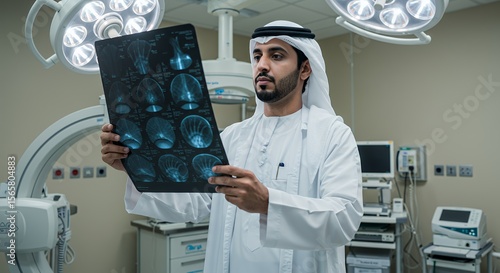 Concentrated doctor in traditional attire carefully examines medical x-rays in a modern hospital setting.