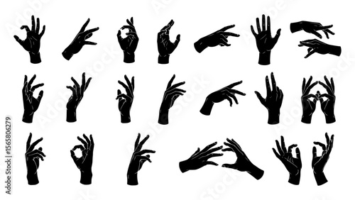 A comprehensive collection of various hand gestures and poses, depicted in bold black silhouettes, offering a versatile resource for design and communication.