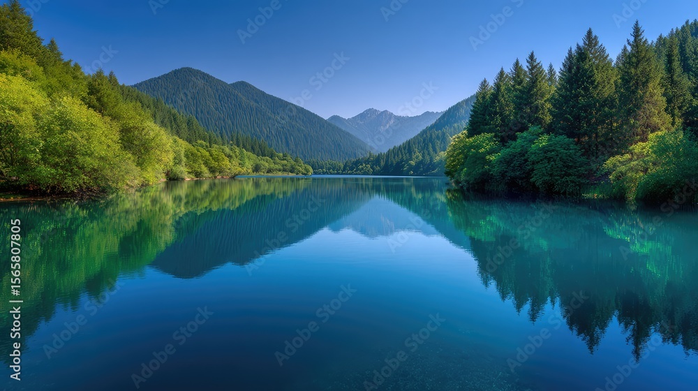 Obraz premium Tranquil Lake Surrounded by Lush Green Forests and Majestic Mountains Reflecting in Clear Waters Under Bright Blue Sky in Nature Landscape